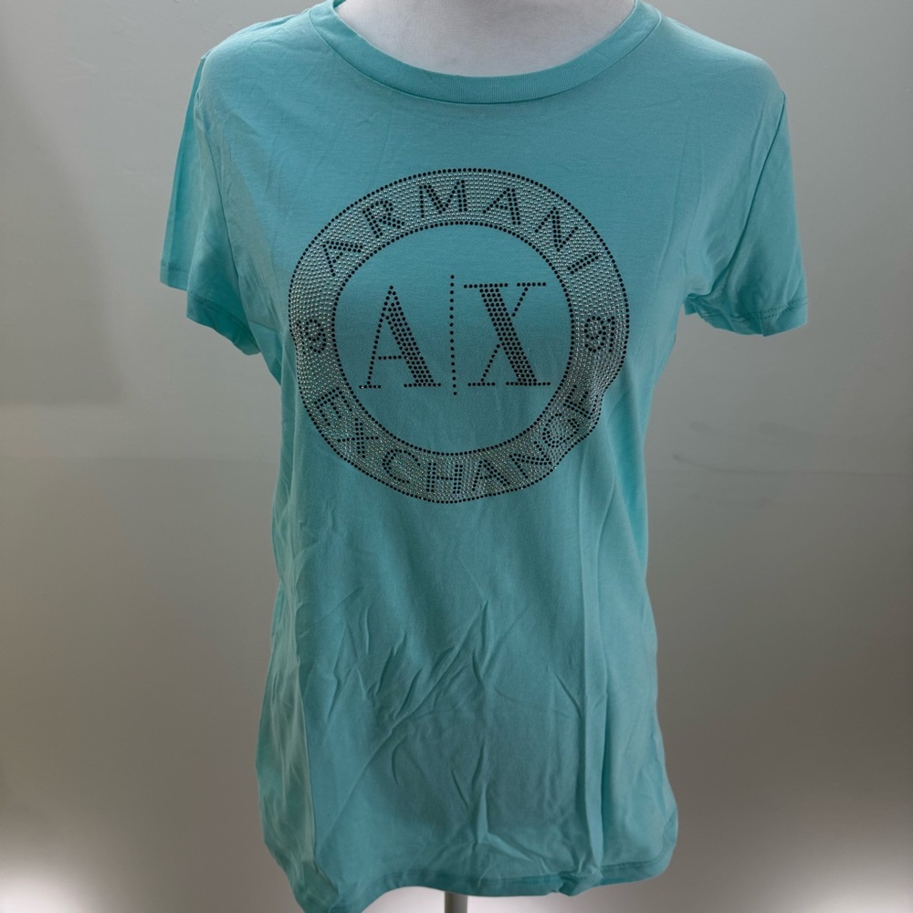 💎 Armani Exchange Aqua Blue Rhinestone Logo Tee (NWT) - Picture 9 of 14